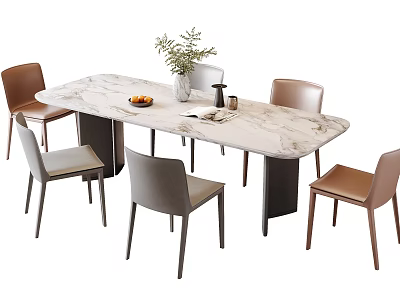 Dining Table Set with Marble Top Six Mixed Color Chairs Decorative Vase Fruit Plate 3d model