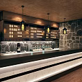 Rustic Cafe Interior With Wooden Ceiling Hanging Chandeliers And Geometric Floor