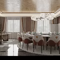 Elegant Modern Private Dining Room Interior With Round Table Chandelier And Curtained Windows 3d model