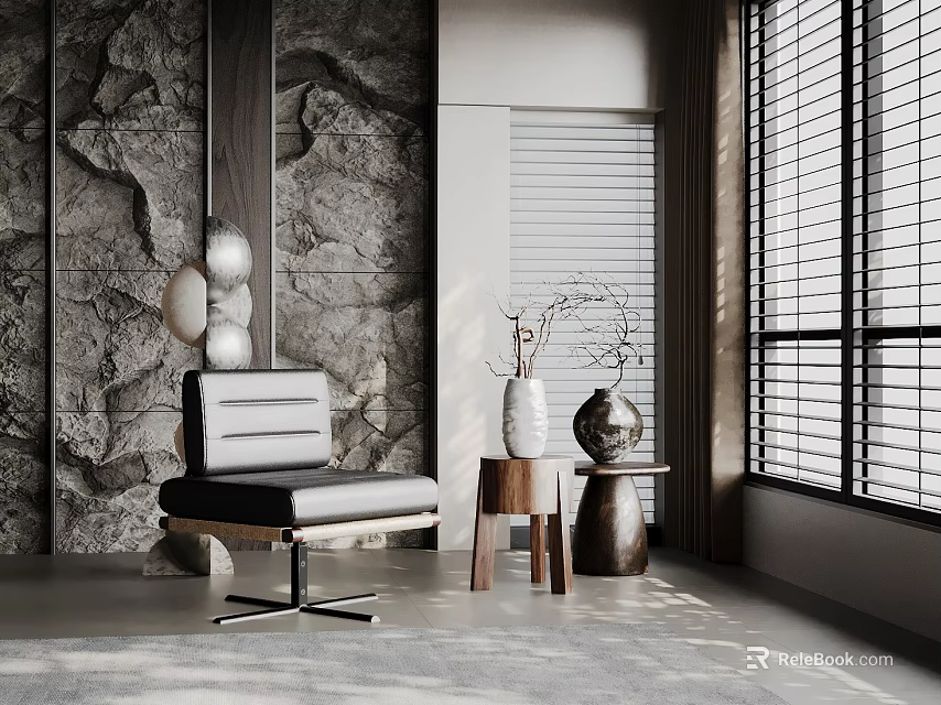 Modern Leisure Chair In Stylish Interior With Gray Rock Wall Wooden Side Tables And Blinds 3d model 