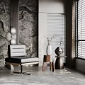 Modern Leisure Chair In Stylish Interior With Gray Rock Wall Wooden Side Tables And Blinds