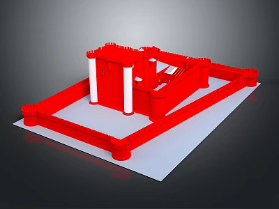 Detailed Red Building Model With White Columns And Square Base Structure 3d model