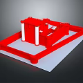 Detailed Red Building Model With White Columns And Square Base Structure