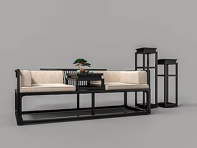 Traditional Chinese Two Seater Sofa With Wooden Frame Beige Cushions And Bonsai Tea Table 3d model