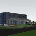 Modern Museum Building With Geometric Roof Water Pool Green Lawn And Pedestrian Walkway