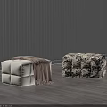 Beige Ottoman with Brown Blanket and Patterned Ottoman on Wooden Floor with White Blinds