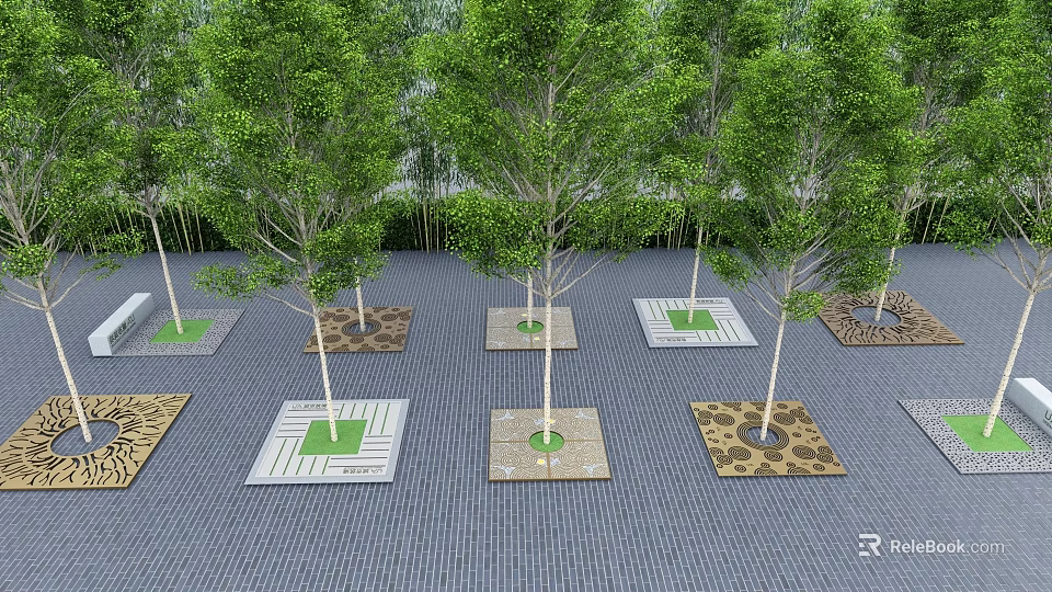 Outdoor Tree Pits With Green Trees On Paved Ground And Various Designs 3d model 