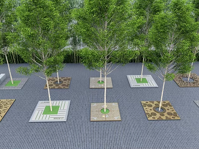 Outdoor Tree Pits With Green Trees On Paved Ground And Various Designs 3d model