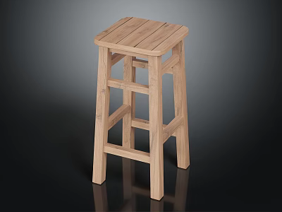 Natural Wooden Stool With Rectangular Plank Seat And Simple Four Leg Design 3d model