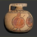 Ancient Painted Pottery Jar Sculpture with Circular Decorative Patterns and Handle Design