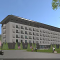 Modern Multi Story School Building With Many Windows Green Surroundings And Road In Front