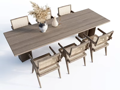 Wooden Rectangular Dining Table Set With Six Woven Chairs And Decorative Vase 3d model