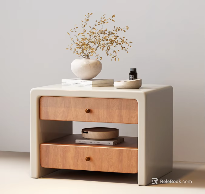 Modern Wooden Nightstand With White Vase Dried Plant Books Tray And Drawers 3d model 
