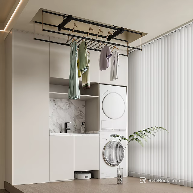 Modern Laundry Room With Washing Machine Dryer Hanging Clothes Marble Countertop And Cabinets 3d model 