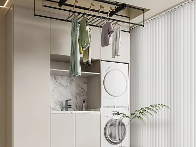 Modern Laundry Room With Washing Machine Dryer Hanging Clothes Marble Countertop And Cabinets 3d model