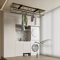 Modern Laundry Room With Washing Machine Dryer Hanging Clothes Marble Countertop And Cabinets