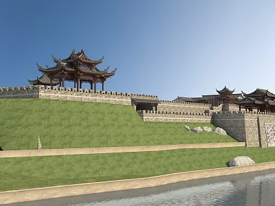 Ancient Chinese Architecture With Traditional Pavilion Stone City Wall Green Grass And River View 3d model