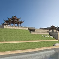 Ancient Chinese Architecture With Traditional Pavilion Stone City Wall Green Grass And River View