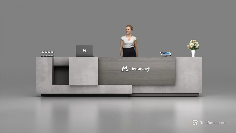 Modern Concrete Reception Desk with Konusagji Logo Featuring Laptop Tablet and Flower Vase 3d model 