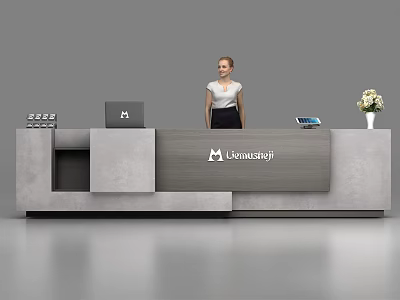 Modern Concrete Reception Desk with Konusagji Logo Featuring Laptop Tablet and Flower Vase 3d model