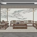 Traditional Chinese Living Room Interior With Wooden Sofa Coffee Table And Landscape Painting