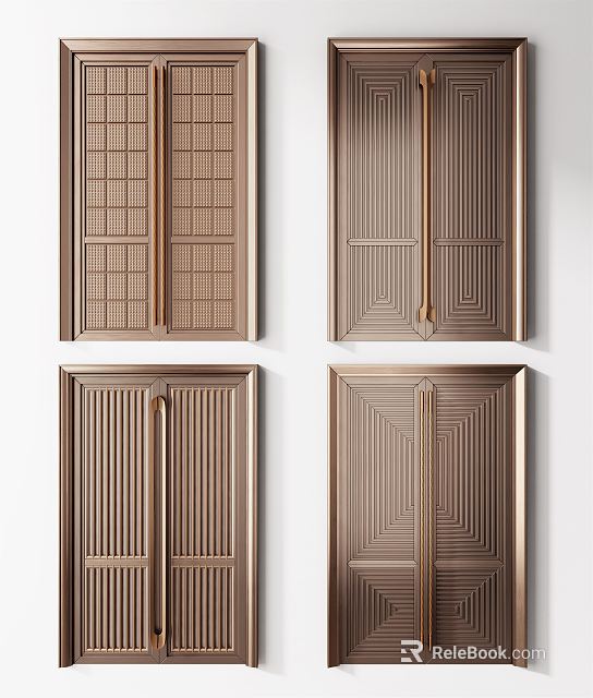 Elegant Modern Copper Paneled Doors With Grille Vertical Slats And Geometric Patterns 3d model 
