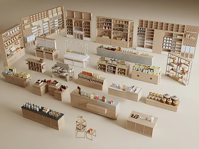 Wooden Display Shelves For Retail Store With Multi Tiered Open Counter And Various Styles 3d model