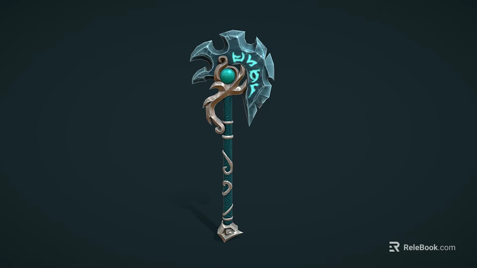 Enchanting Blue Axe Weapon With Green Gemstone And Decorative Metallic Handle Design 3d model 