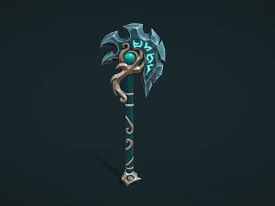 Enchanting Blue Axe Weapon With Green Gemstone And Decorative Metallic Handle Design 3d model