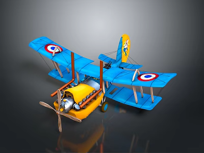 Vintage Blue Yellow Aerospace Aircraft Model Featuring Propeller And Badge Design 3d model
