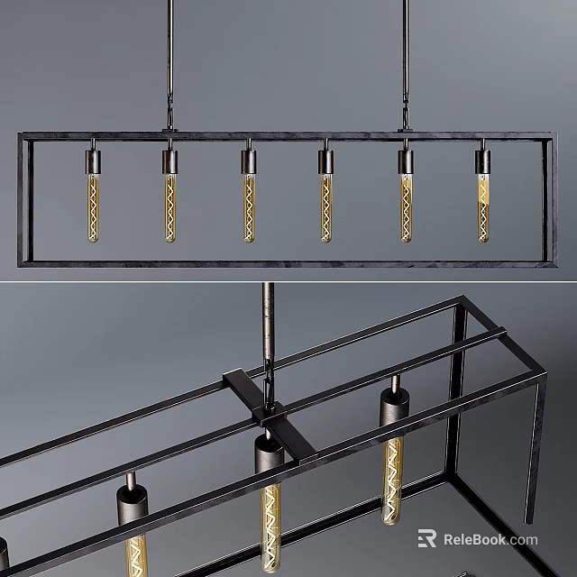 Modern Industrial Pendant Light with Rectangular Black Frame and Textured Golden Bulbs 3d model 