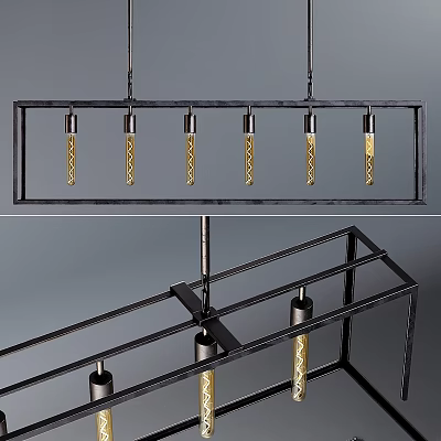 Modern Industrial Pendant Light with Rectangular Black Frame and Textured Golden Bulbs 3d model