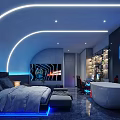 Gaming Themed Hotel Room With Computer Setup Ergonomic Gaming Chair Neon Lights And Blue Ambient Lighting