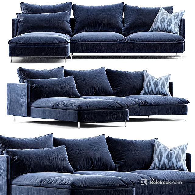 Navy Blue Sectional Sofa With Plush Pillows And Modern Velvet Upholstery 3d model 