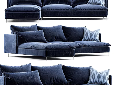 Navy Blue Sectional Sofa With Plush Pillows And Modern Velvet Upholstery 3d model