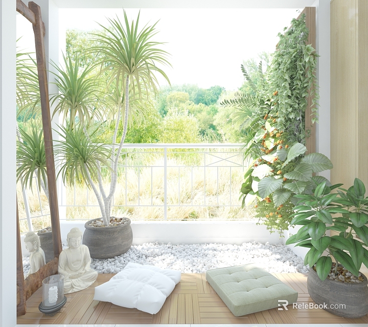 Serene Courtyard Garden Featuring Palm Trees Green Plants Pebbles White Cushions and Buddha Statue 3d model 