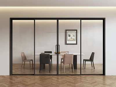 Glass Sliding Doors with Black Frame in Modern Dining Room Interior with Wooden Floor 3d model