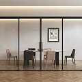 Glass Sliding Doors with Black Frame in Modern Dining Room Interior with Wooden Floor