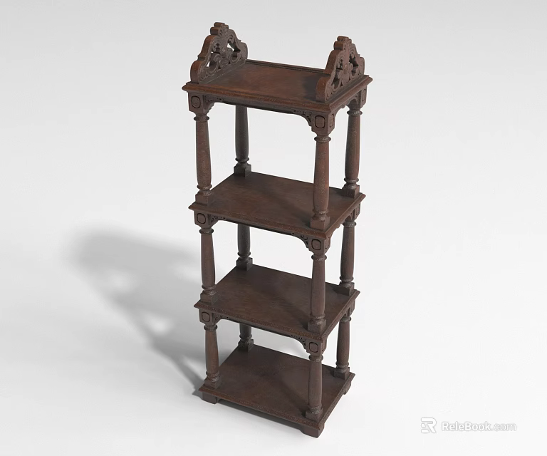 Classic Carved Wooden Shelf With Multiple Layers And Decorative Columns 3d model 