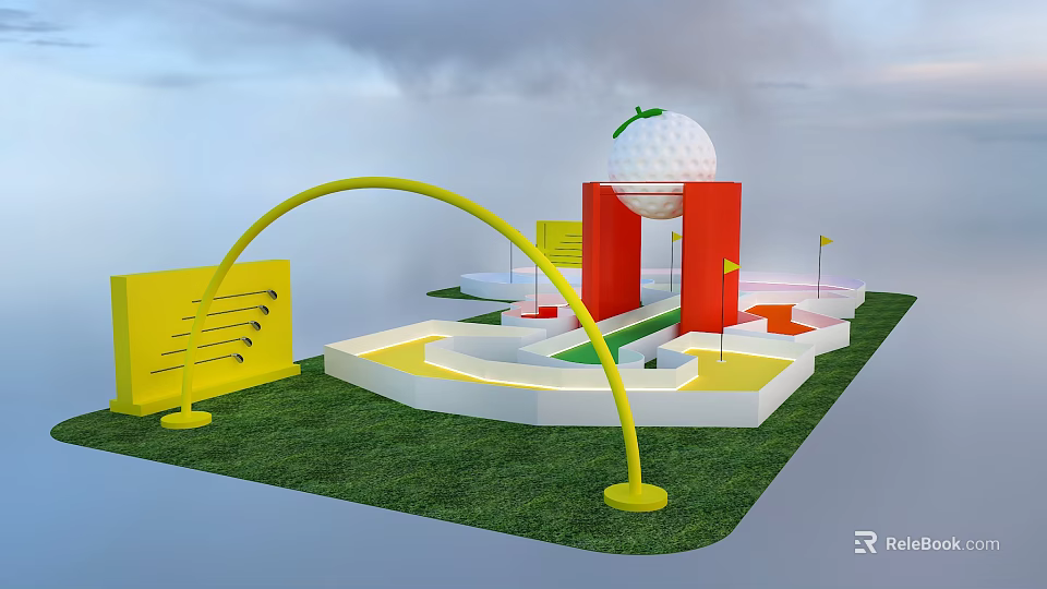 Giant Golf Ball Themed Mini Golf Setup With Red Structure Yellow Arch And Green Lawn 3d model 