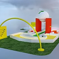 Giant Golf Ball Themed Mini Golf Setup With Red Structure Yellow Arch And Green Lawn