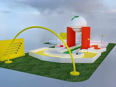 Giant Golf Ball Themed Mini Golf Setup With Red Structure Yellow Arch And Green Lawn 3d model