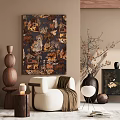 Comfortable Modern Leisure Chair With Plush Upholstery Wall Art And Decorative Vase