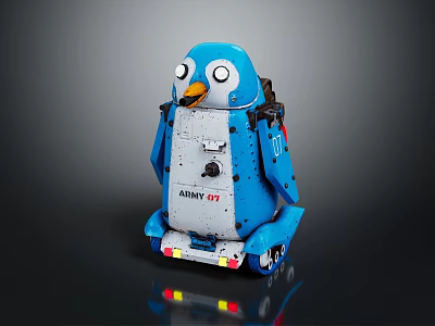Blue Mechanical Robot Penguin With Abbey 07 Label Wheels And Shiny Reflective Base Design 3d model