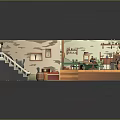 Cartoon Scene of Cozy Indoor Room with Staircase Fireplace Green Table and Colorful Furniture