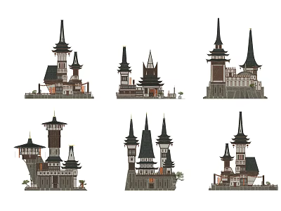 Traditional Ancient Architecture With Multiple Towers Classic Roofs And Wooden Structures 3d model