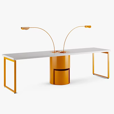 Modern Office Desk With White Tabletop Orange Metal Frame Cylindrical Base And Dual Curved Lamps 3d model