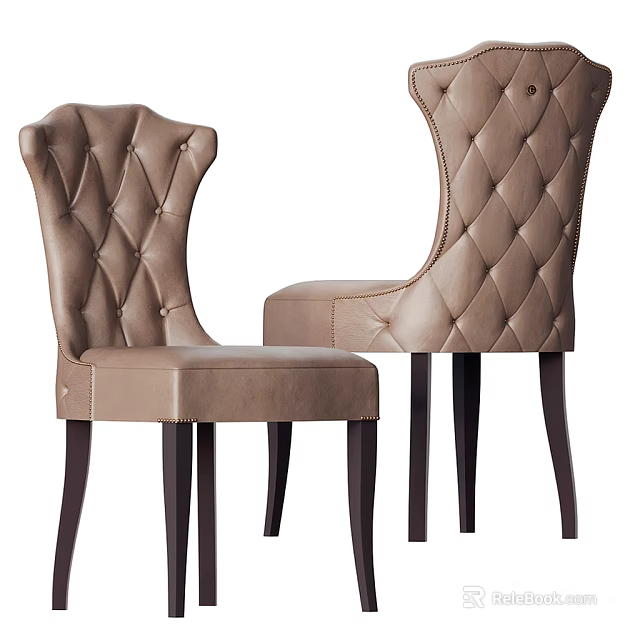 Elegant Tufted Leather Dining Chairs With Wingback Design and Dark Wooden Legs 3d model 