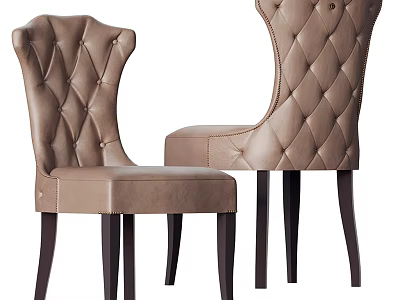 Elegant Tufted Leather Dining Chairs With Wingback Design and Dark Wooden Legs 3d model