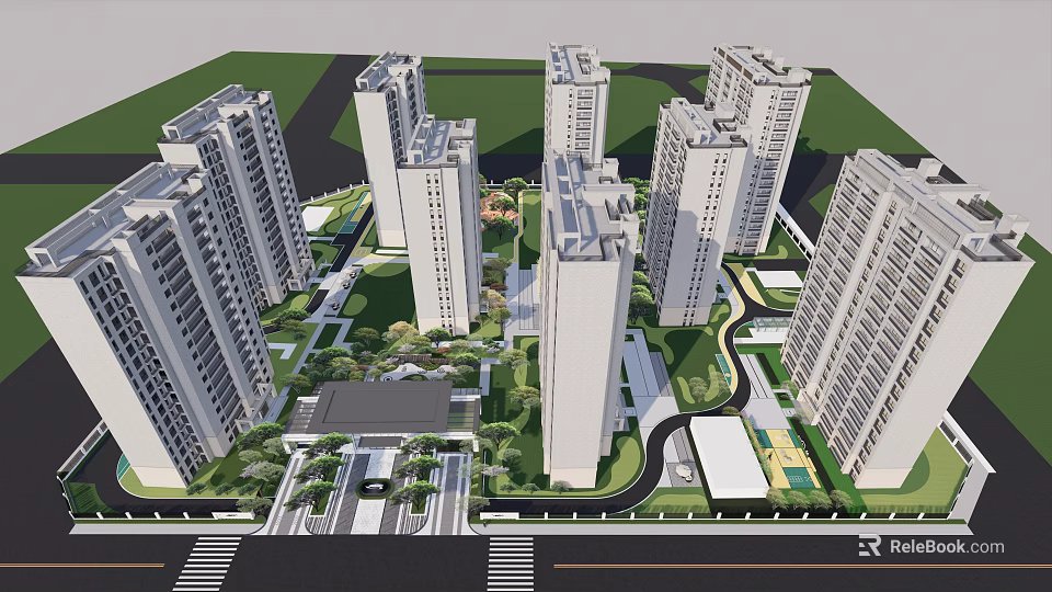 Modern High Rise Residential Community With Green Landscape Roads And Buildings 3d model 